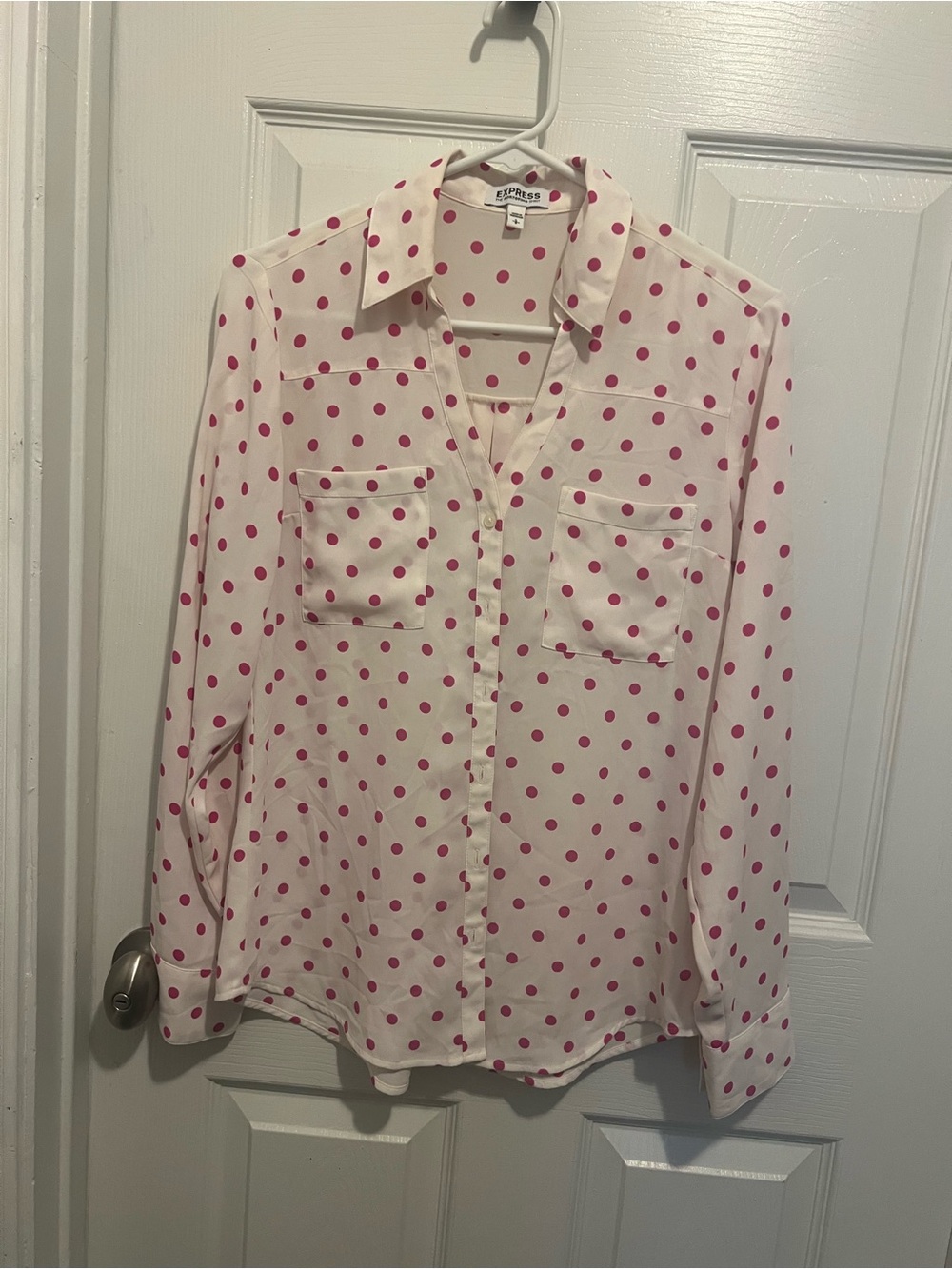 Express Cream Button-Down Shirt with Pink Polka Dots